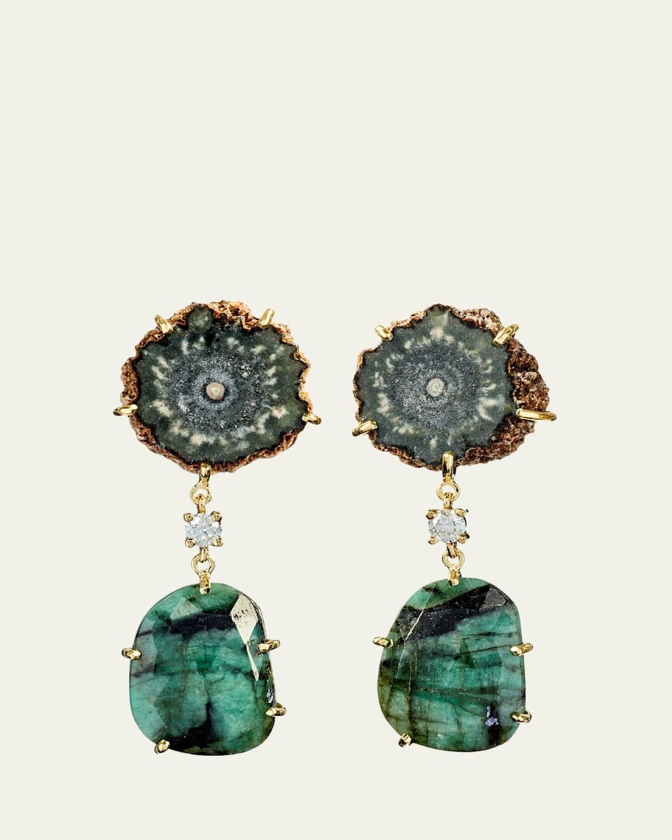 18k Bespoke 2-Tier One-of-a-Kind Luxury Earrings w/ Brown Stalactite, Faceted Emerald & Diamonds